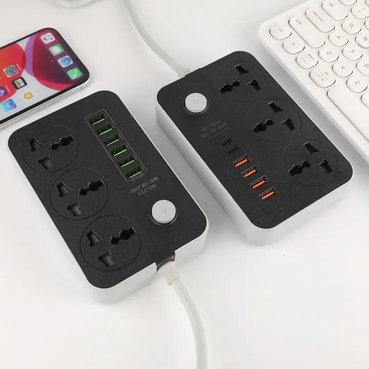 Speed-X 603PU Universal Power Extension Board | 3 AC Sockets, 3 USB & 2 Type-C Fast Charging Ports | 2M Heavy-Duty Cable | Multi-Plug Power Strip for Home, Office & Travel