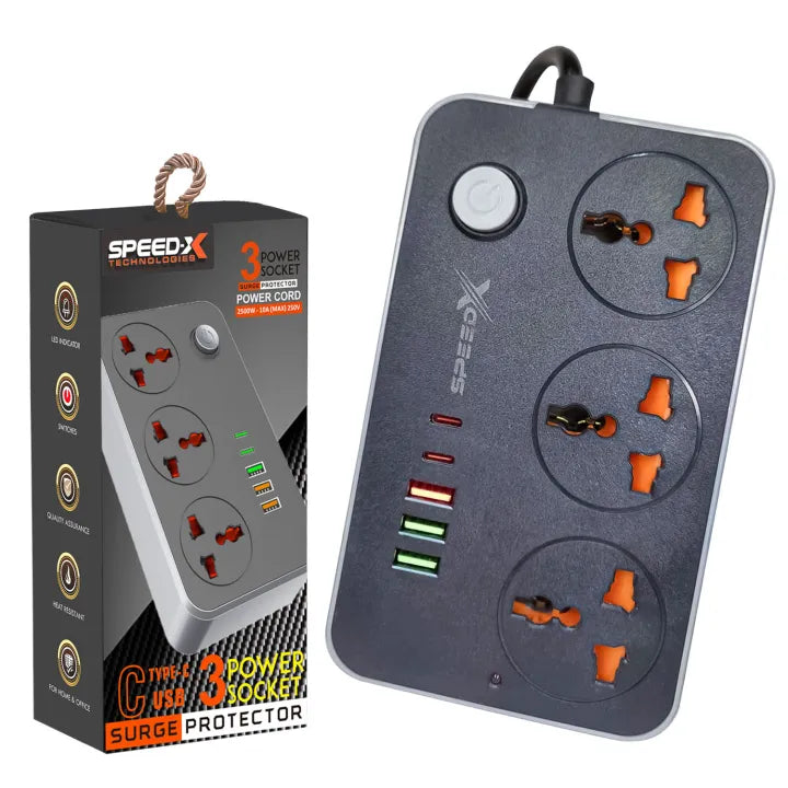 Speed-X 603PU Universal Power Extension Board | 3 AC Sockets, 3 USB & 2 Type-C Fast Charging Ports | 2M Heavy-Duty Cable | Multi-Plug Power Strip for Home, Office & Travel