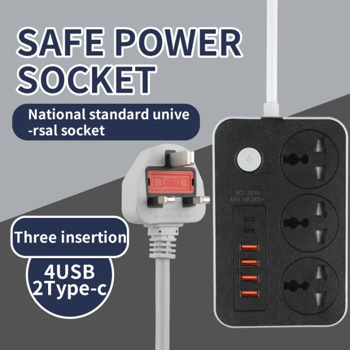 Speed-X 603PU Universal Power Extension Board | 3 AC Sockets, 3 USB & 2 Type-C Fast Charging Ports | 2M Heavy-Duty Cable | Multi-Plug Power Strip for Home, Office & Travel