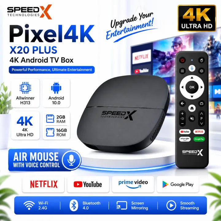 SpeedX Pixel 4K X20 Plus Android TV Box - Allwinner H313, 2GB RAM 16GB ROM, Smart Media Player with Voice Control Air Mouse Remote