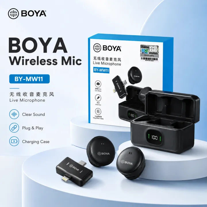 BOYA BY-MW11 Wireless Microphone with Charging Case | Dual Clip-On Lavalier Mic | 360° Voice Pickup | Plug & Play Portable Mic for YouTube, Vlogging, Interviews, Live Streaming & Online Teaching