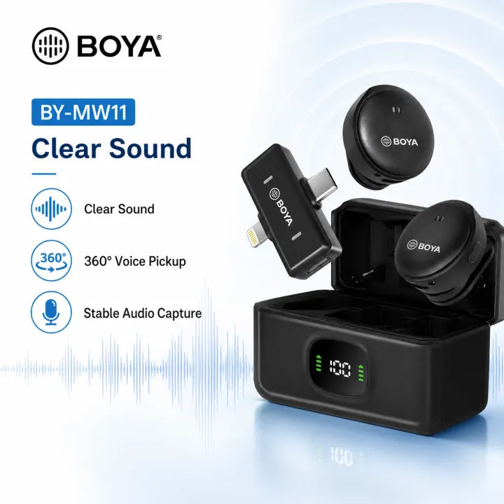 BOYA BY-MW11 Wireless Microphone with Charging Case | Dual Clip-On Lavalier Mic | 360° Voice Pickup | Plug & Play Portable Mic for YouTube, Vlogging, Interviews, Live Streaming & Online Teaching