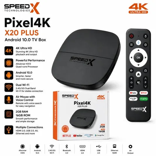 SpeedX Pixel 4K X20 Plus Android TV Box - Allwinner H313, 2GB RAM 16GB ROM, Smart Media Player with Voice Control Air Mouse Remote