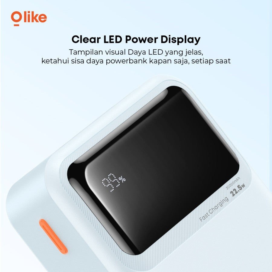 Olike P402 20000mAh Power Bank | 22.5W Fast Charging | Ultra Compact Portable Charger with Built-In Type-C & Lightning Cables | LED Power Display | Multiple Device Charging