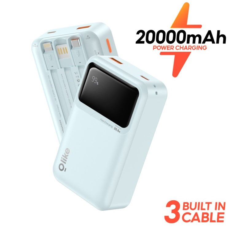 Olike P402 20000mAh Power Bank | 22.5W Fast Charging | Ultra Compact Portable Charger with Built-In Type-C & Lightning Cables | LED Power Display | Multiple Device Charging