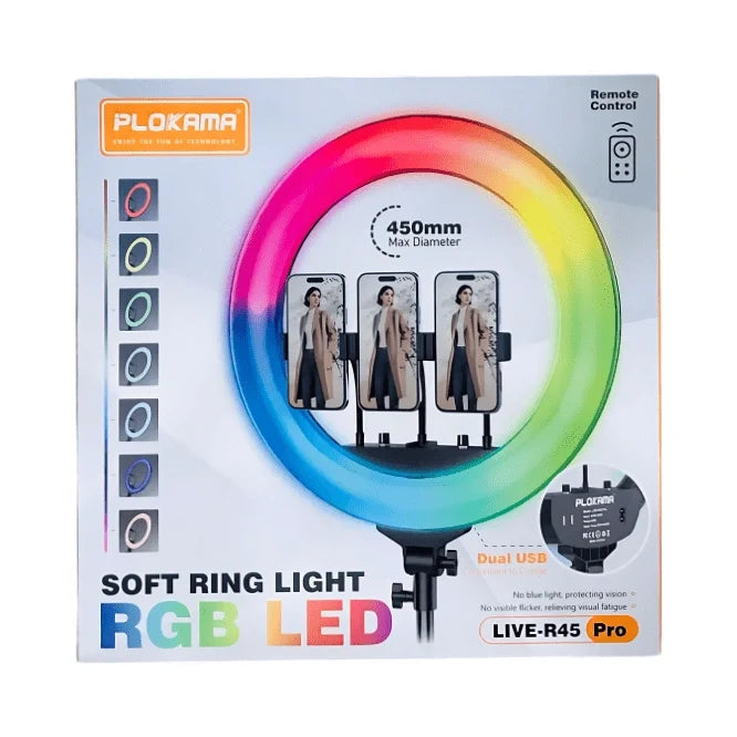 Plokama 45CM RGB LED Ring Light 17.5-Inch | Dimmable Multicolor & Warm/Cool/Neutral White Light | Wireless Remote | 3 Mobile Holders | 360° Adjustable Mount | USB Powered for TikTok, YouTube & Live Streaming