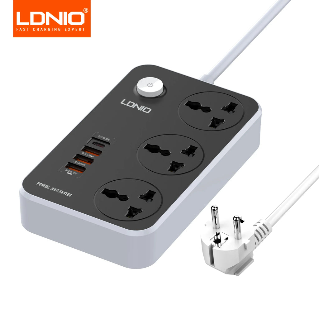 LDNIO Universal Power Strip 3 Sockets 4 USB 2M Extension Power Socket Combo Type-C 20W Port QC3.0 Phone Fast Charging Port