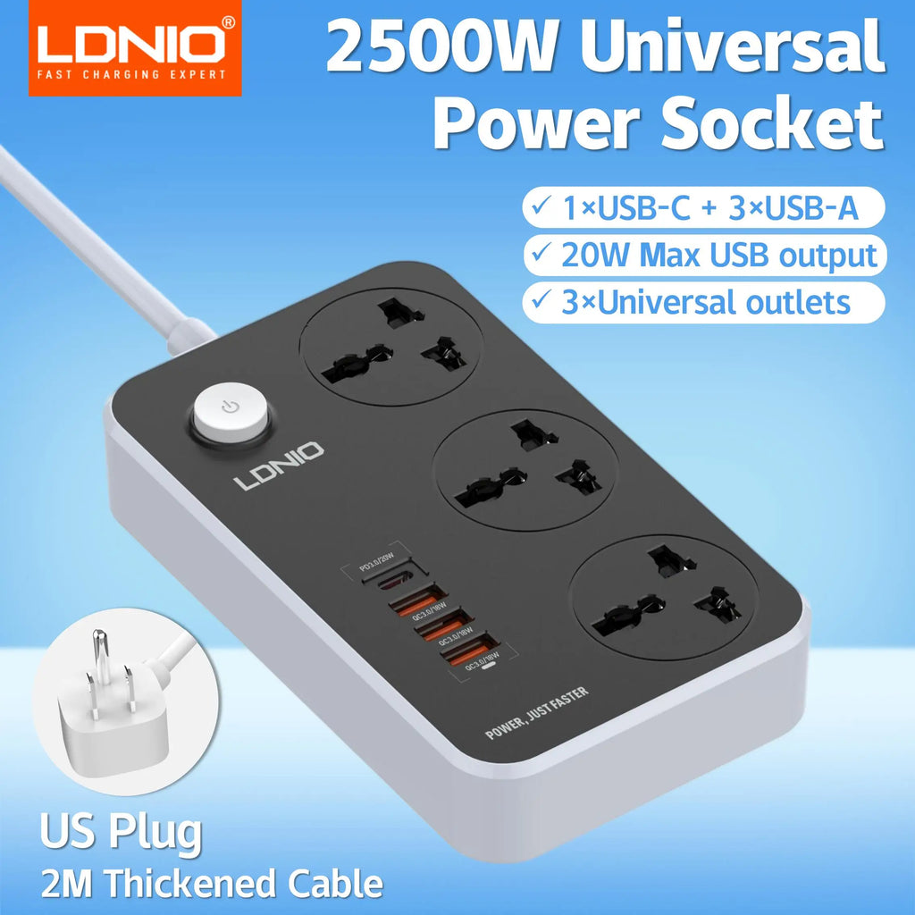 LDNIO Universal Power Strip TypeC 6 USB Port 3 Way AC Outlet 2M Extension Power Socket Charge Electrical Socket EU US UK Plug