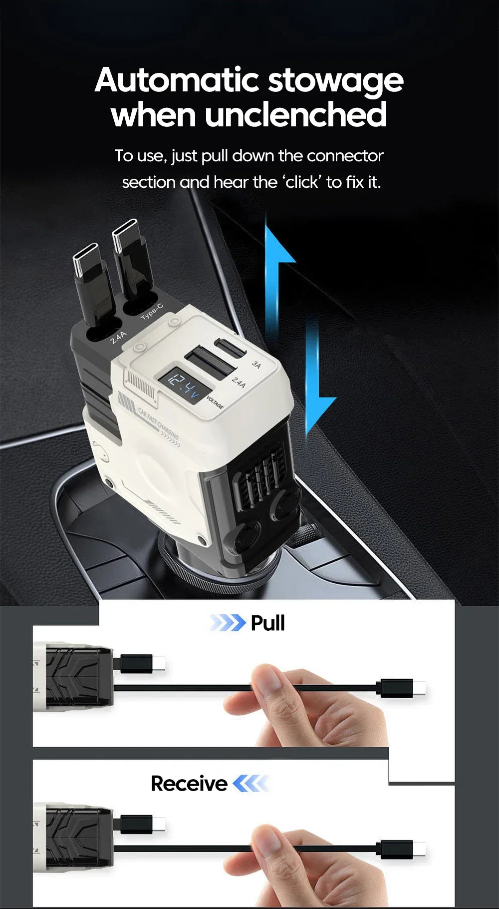 Retractable 4-in-1 Fast Car Charger with Digital Display