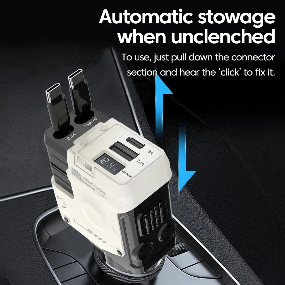 Retractable 4-in-1 Fast Car Charger with Digital Display