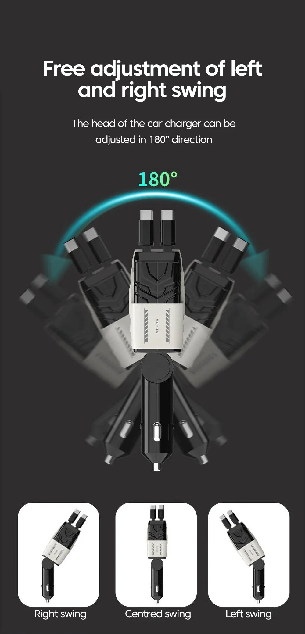Retractable 4-in-1 Fast Car Charger with Digital Display
