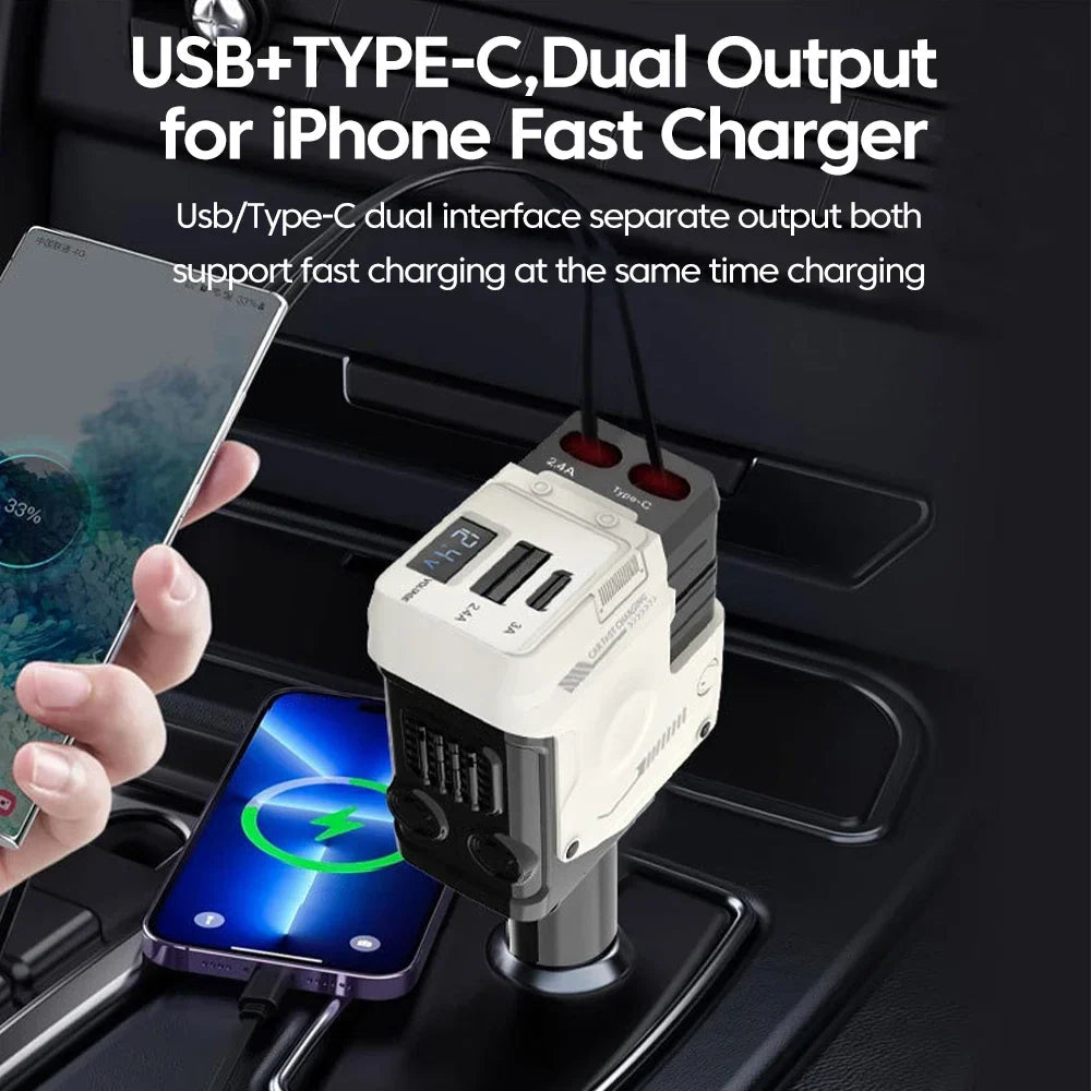 Retractable 4-in-1 Fast Car Charger with Digital Display