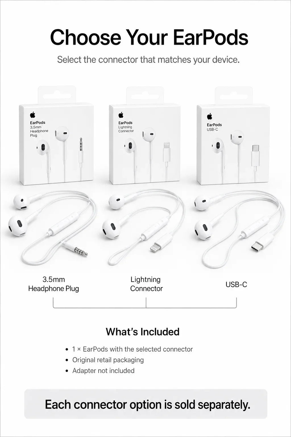 Official Apple EarPods Wired Headphones Lightning USB-C 3.5mm Connector with Mic Remote Adapters for iPhone iPad MacBook
