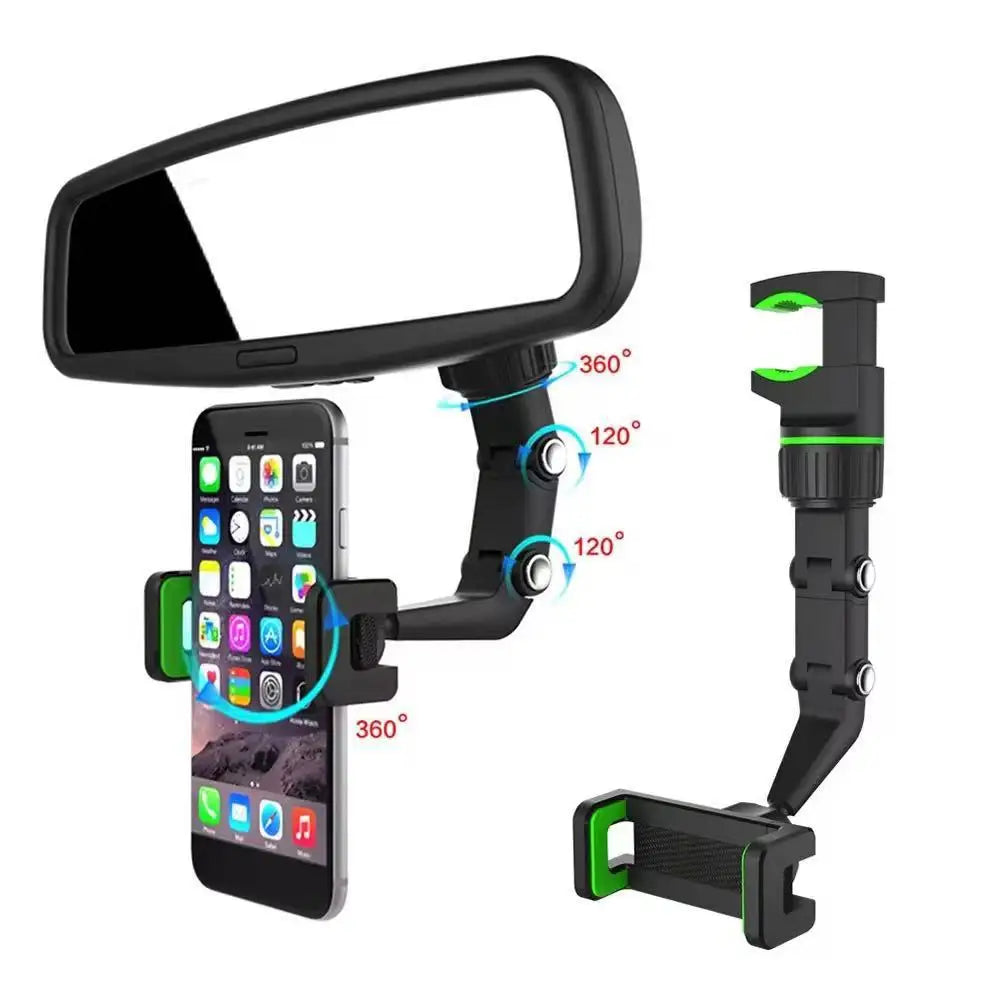 Rearview Mirror Car Phone Mount – 360° Rotatable & Retractable