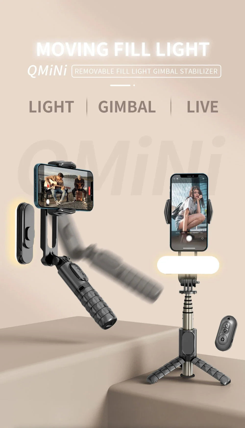 Handheld Gimbal Stabilizer Selfie Stick Tripod with Removable Fill Light Wireless Remote Portable Phone Stand Holder