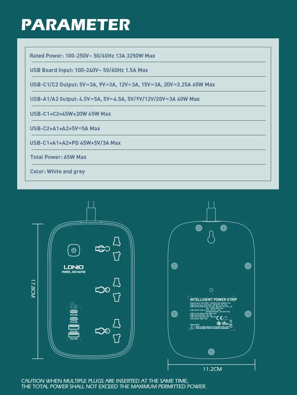 LDNIO Universal Power Strip with 65W GaN USB Charer 3250W Extension Cable Network Filter Surge Protector  EU/US/UK Plug Socket