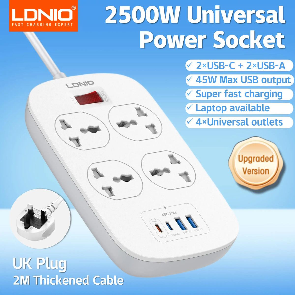 LDNIO Universal Power Strip TypeC 6 USB Port 3 Way AC Outlet 2M Extension Power Socket Charge Electrical Socket EU US UK Plug