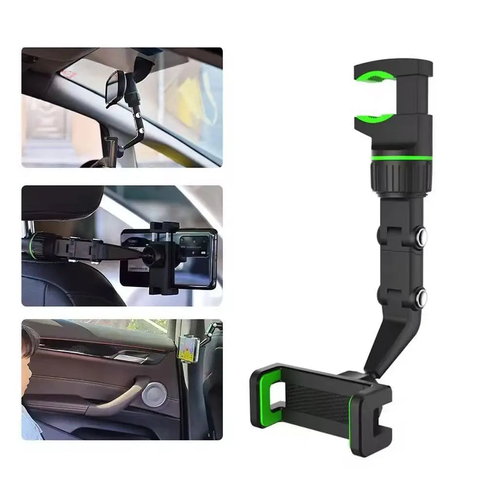 Rearview Mirror Car Phone Mount – 360° Rotatable & Retractable