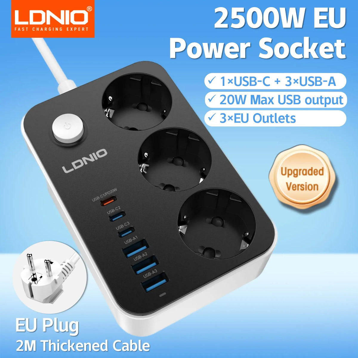 LDNIO Universal Power Strip TypeC 6 USB Port 3 Way AC Outlet 2M Extension Power Socket Charge Electrical Socket EU US UK Plug