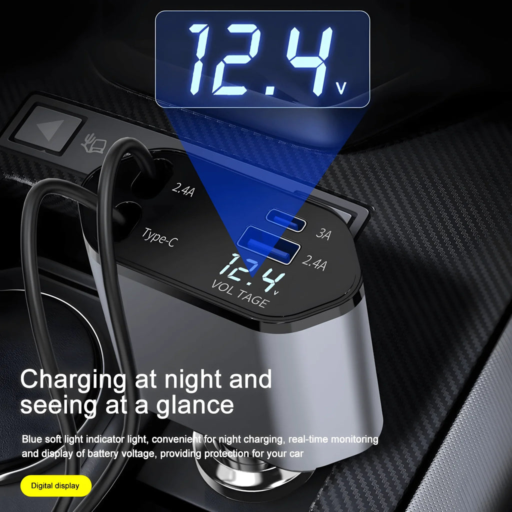 120W 4 in 1 Retractable Car Charger Built in USB C Lightning Compatible Cables 80cm Fast Charging LED Voltage Display 12V 24V