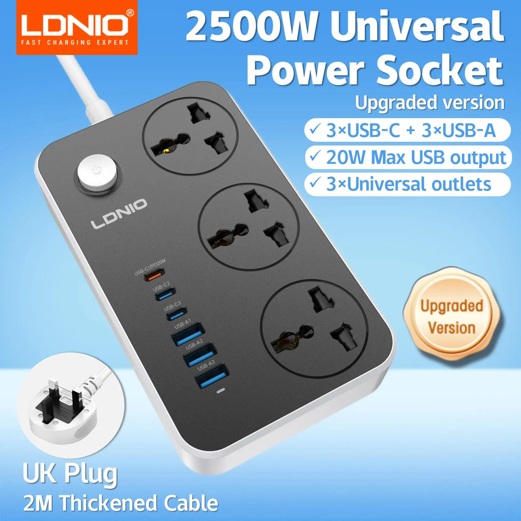 LDNIO Universal Power Strip TypeC 6 USB Port 3 Way AC Outlet 2M Extension Power Socket Charge Electrical Socket EU US UK Plug