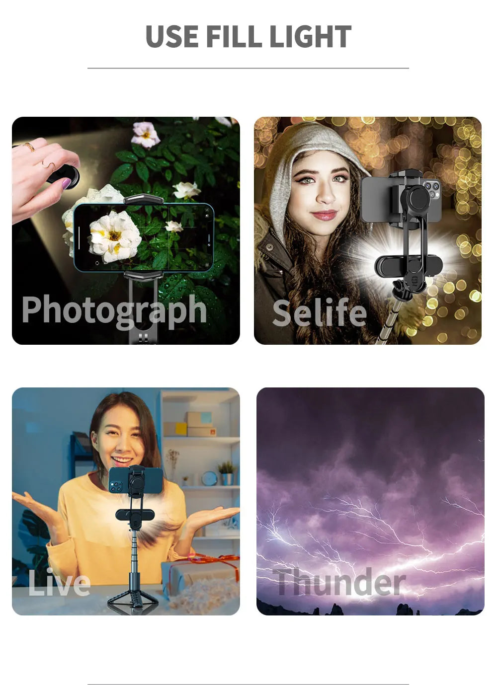 Handheld Gimbal Stabilizer Selfie Stick Tripod with Removable Fill Light Wireless Remote Portable Phone Stand Holder