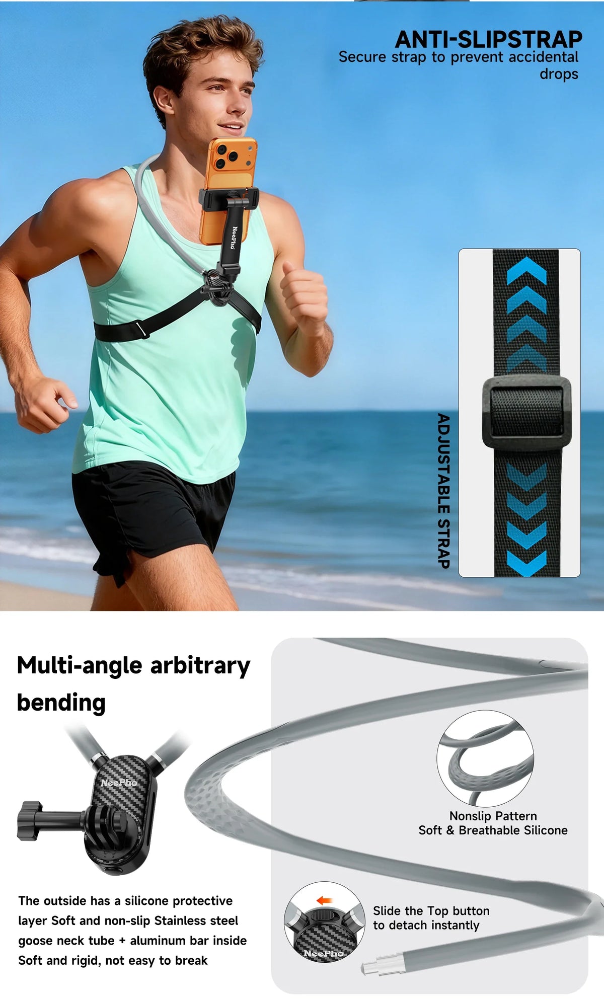 NeePho NP-G2 Soft Silicone Neck Mount Bracket, POV First-Person Perspective Phone & Action Camera Holder