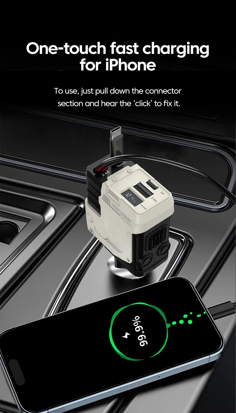 Retractable 4-in-1 Fast Car Charger with Digital Display