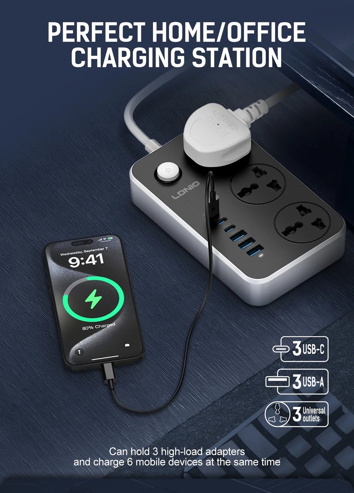 LDNIO Universal Power Strip TypeC 6 USB Port 3 Way AC Outlet 2M Extension Power Socket Charge Electrical Socket EU US UK Plug