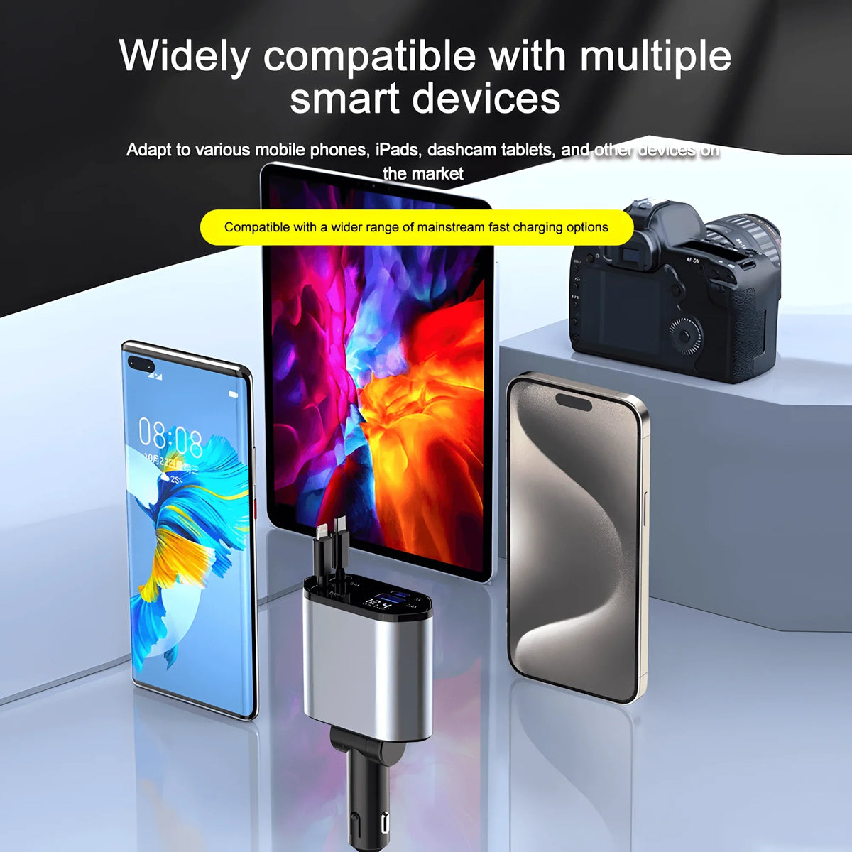 120W 4 in 1 Retractable Car Charger Built in USB C Lightning Compatible Cables 80cm Fast Charging LED Voltage Display 12V 24V