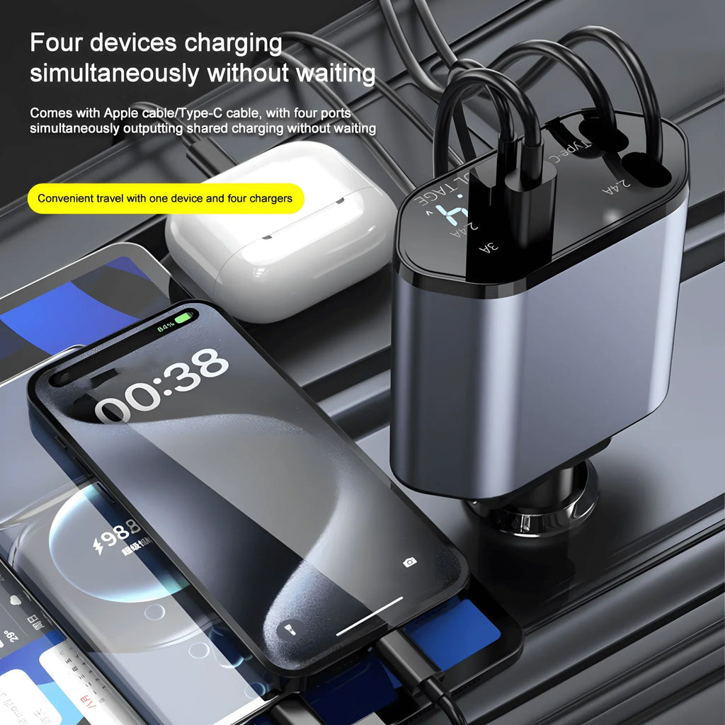 120W 4 in 1 Retractable Car Charger Built in USB C Lightning Compatible Cables 80cm Fast Charging LED Voltage Display 12V 24V