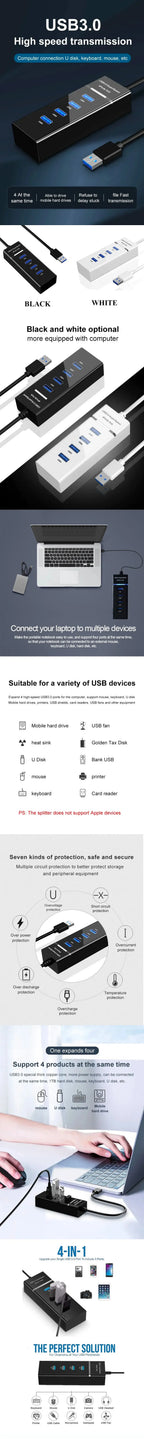 USB Hub 4 Port USB Hub Extender 2.0 3.0 Fast Speed Splitter Adapter Power 4 In 1 Docking Station USB Cable Computer PC