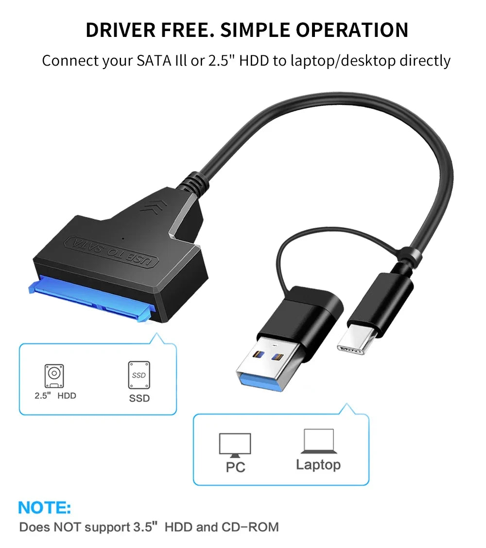 SATA To USB 3.0/Type-C/2 In 1 USB3.0 Type-C Cable Up To 6 Gbps For 2.5 Inch External HDD SSD Hard Drive SATA 3 22 Pin Adapter