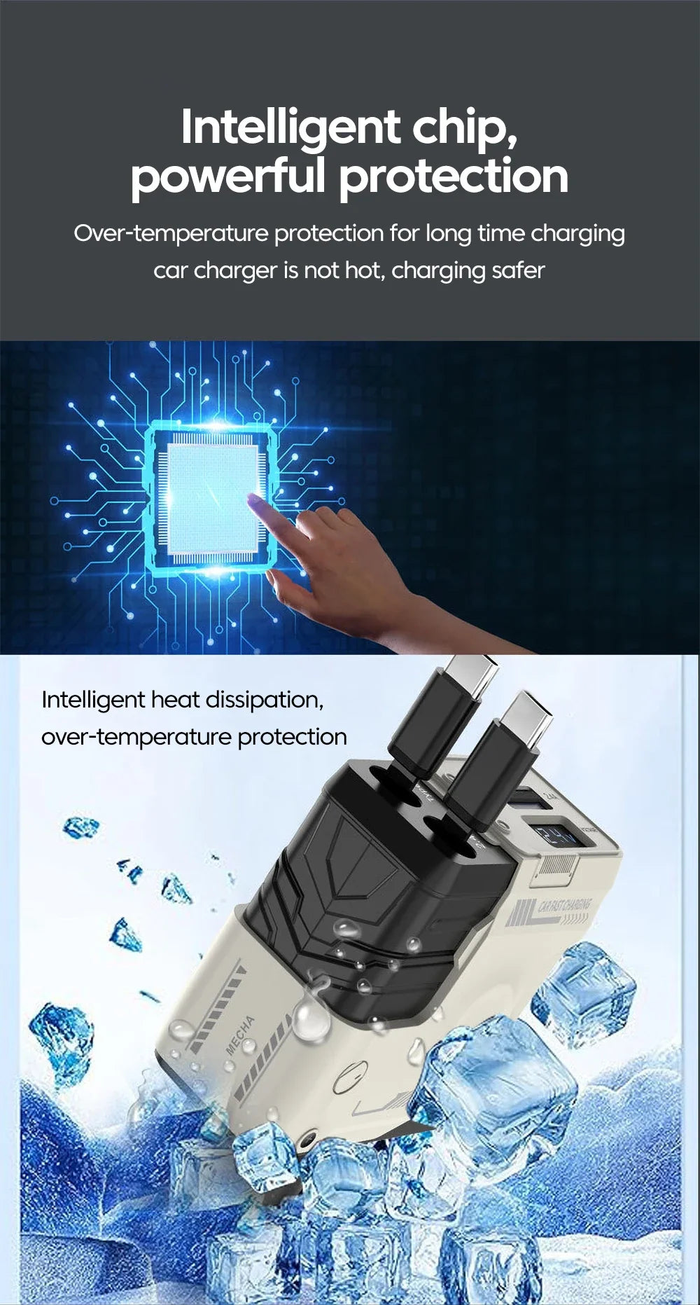 Retractable 4-in-1 Fast Car Charger with Digital Display