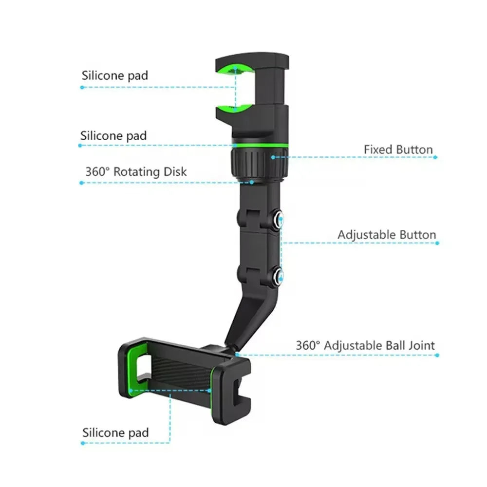 Rearview Mirror Car Phone Mount – 360° Rotatable & Retractable