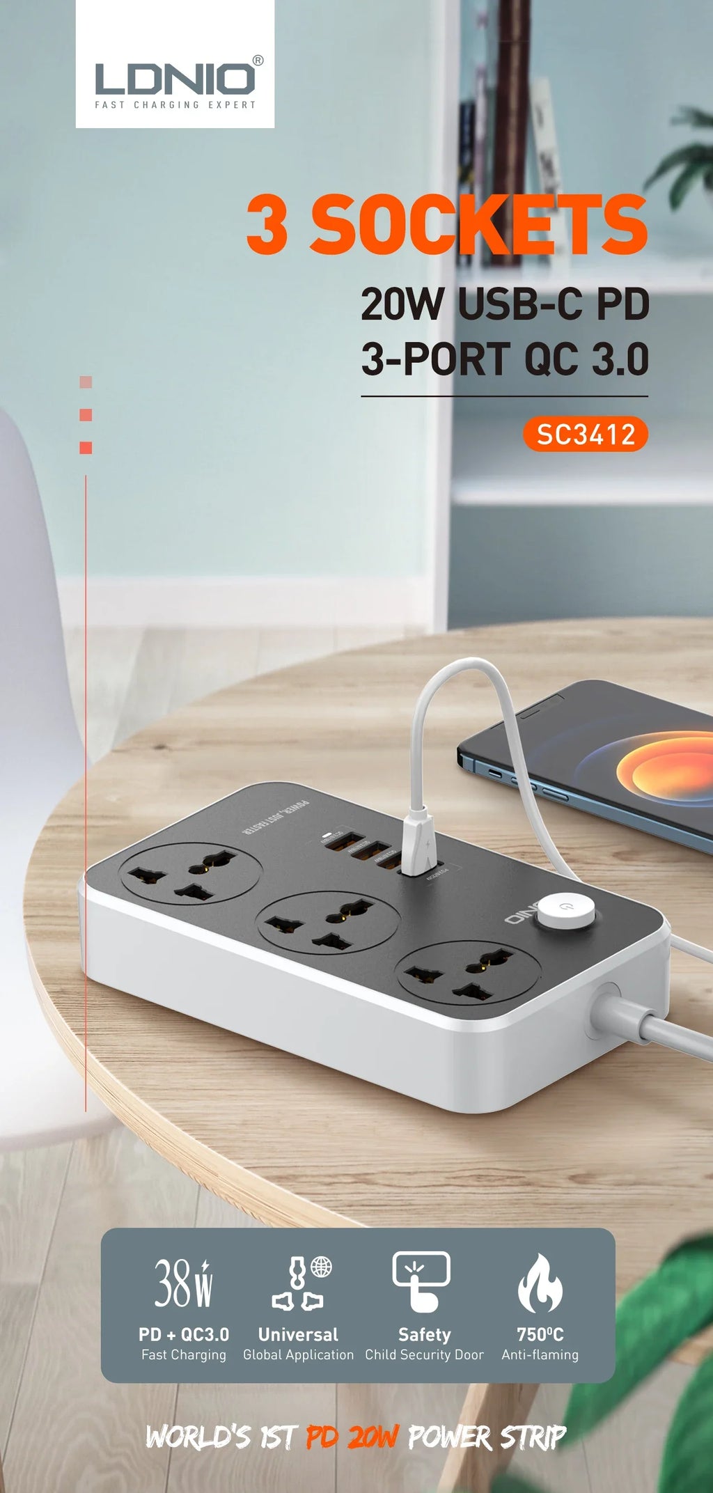 LDNIO Universal Power Strip 3 Sockets 4 USB 2M Extension Power Socket Combo Type-C 20W Port QC3.0 Phone Fast Charging Port