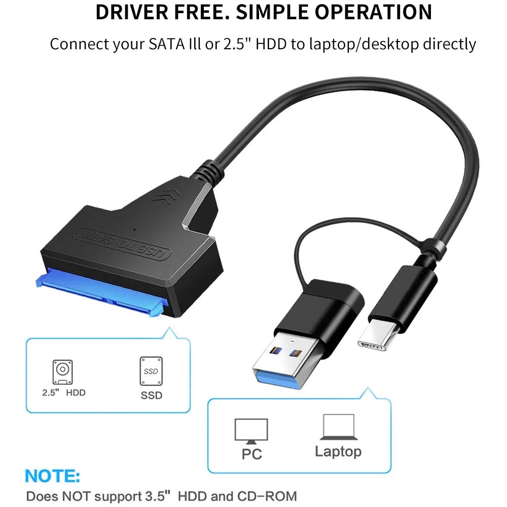 SATA To USB 3.0/Type-C/2 In 1 USB3.0 Type-C Cable Up To 6 Gbps For 2.5 Inch External HDD SSD Hard Drive SATA 3 22 Pin Adapter