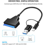 SATA To USB 3.0/Type-C/2 In 1 USB3.0 Type-C Cable Up To 6 Gbps For 2.5 Inch External HDD SSD Hard Drive SATA 3 22 Pin Adapter