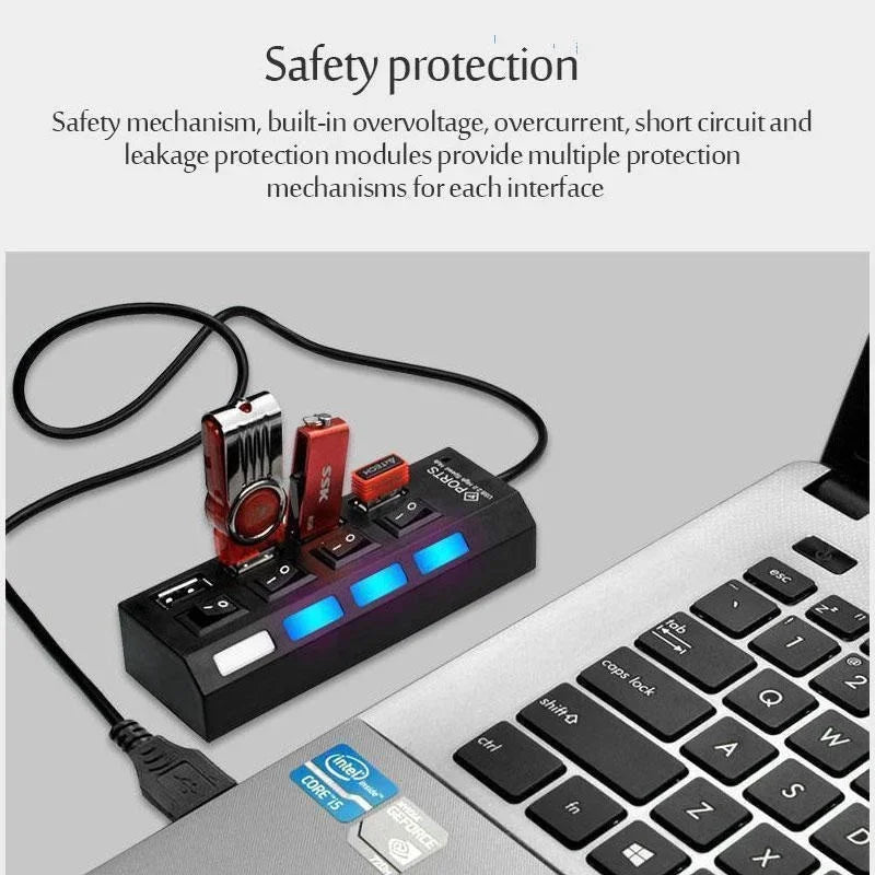 4 Ports USB HUB 2.0 Adapter Expander Multi USB Splitter Multiple Extender with LED Lamp Switch for PC Laptop