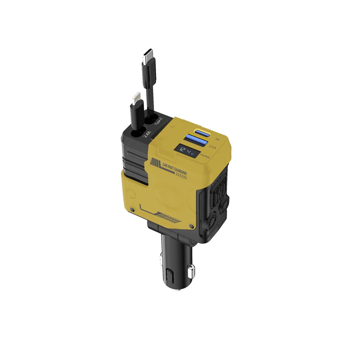 Retractable 4-in-1 Fast Car Charger with Digital Display