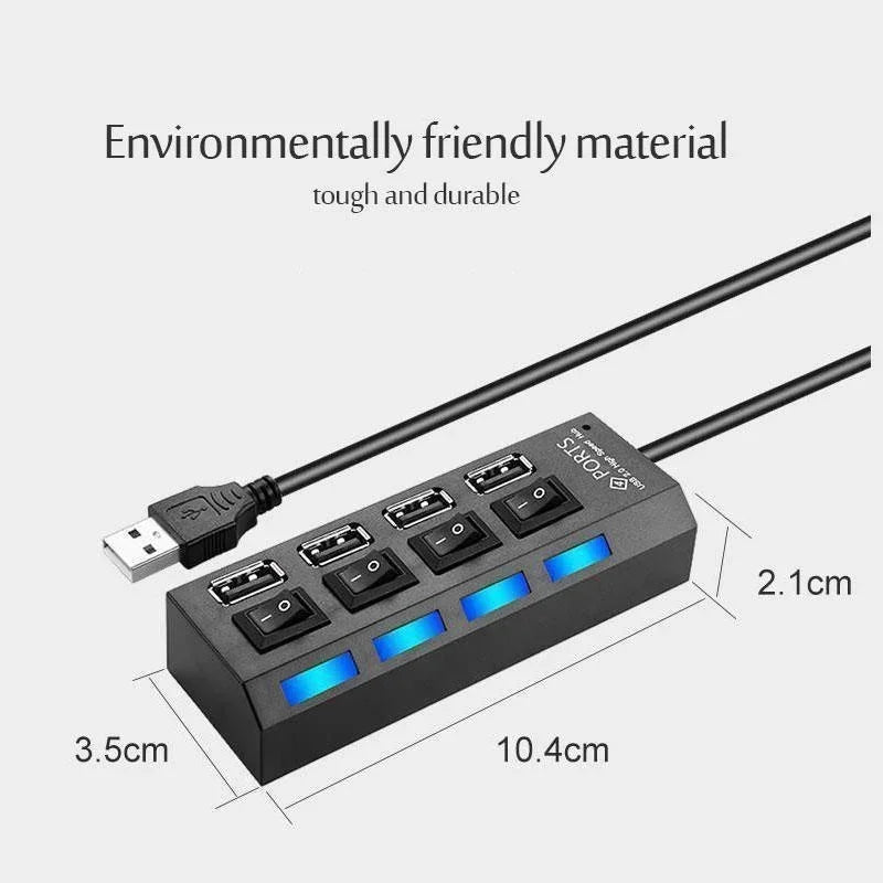 4 Ports USB HUB 2.0 Adapter Expander Multi USB Splitter Multiple Extender with LED Lamp Switch for PC Laptop