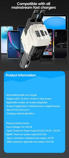 Retractable 4-in-1 Fast Car Charger with Digital Display