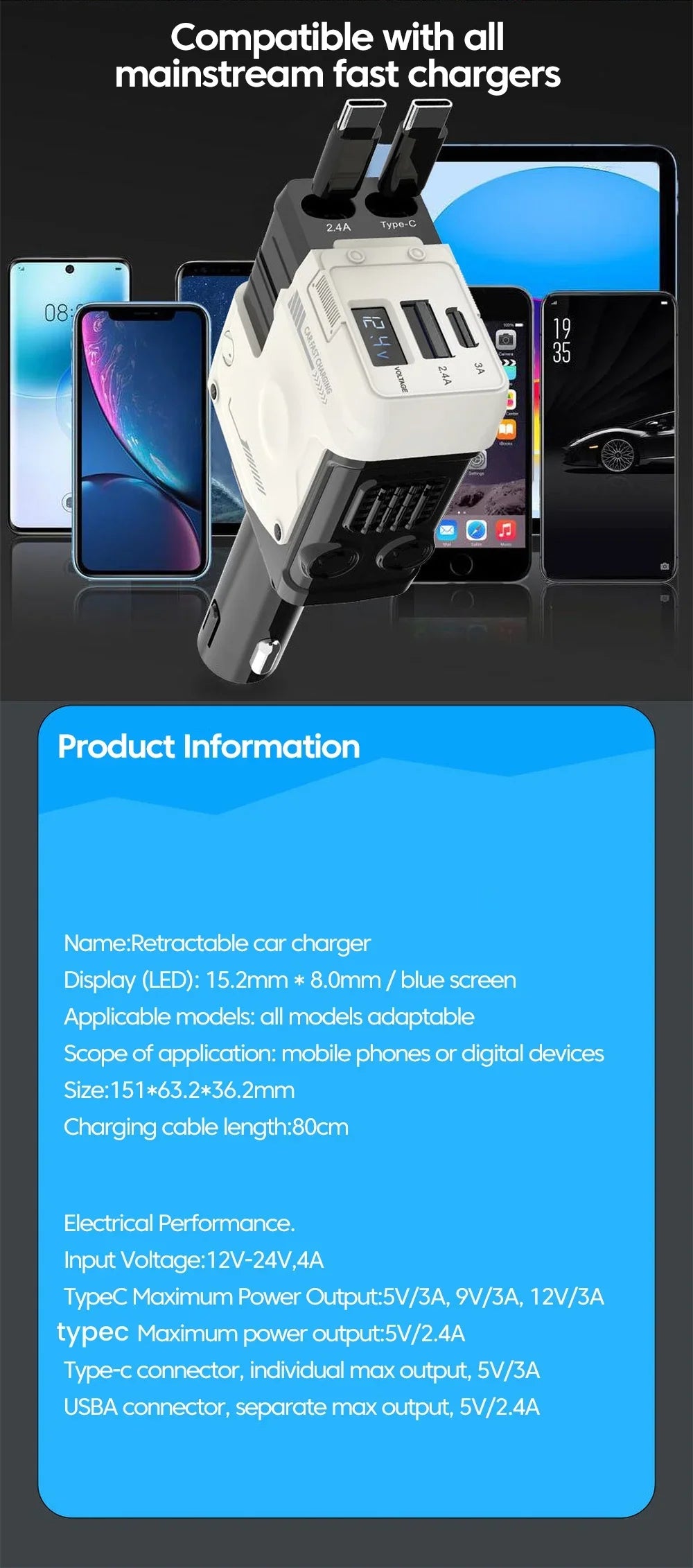 Retractable 4-in-1 Fast Car Charger with Digital Display
