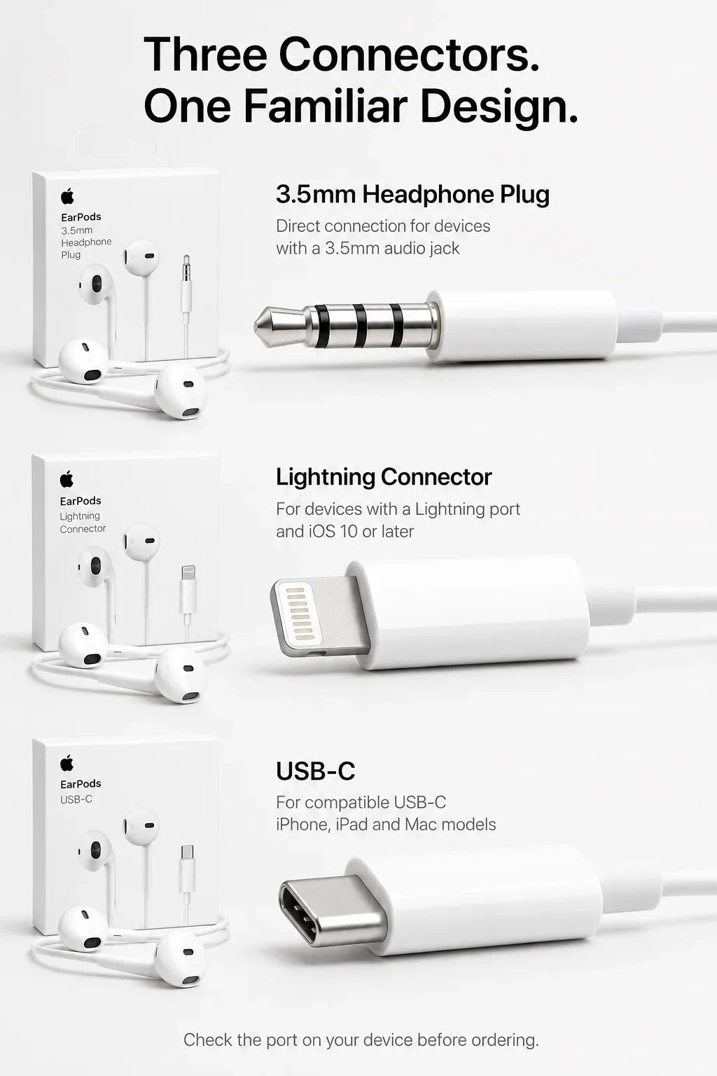Official Apple EarPods Wired Headphones Lightning USB-C 3.5mm Connector with Mic Remote Adapters for iPhone iPad MacBook