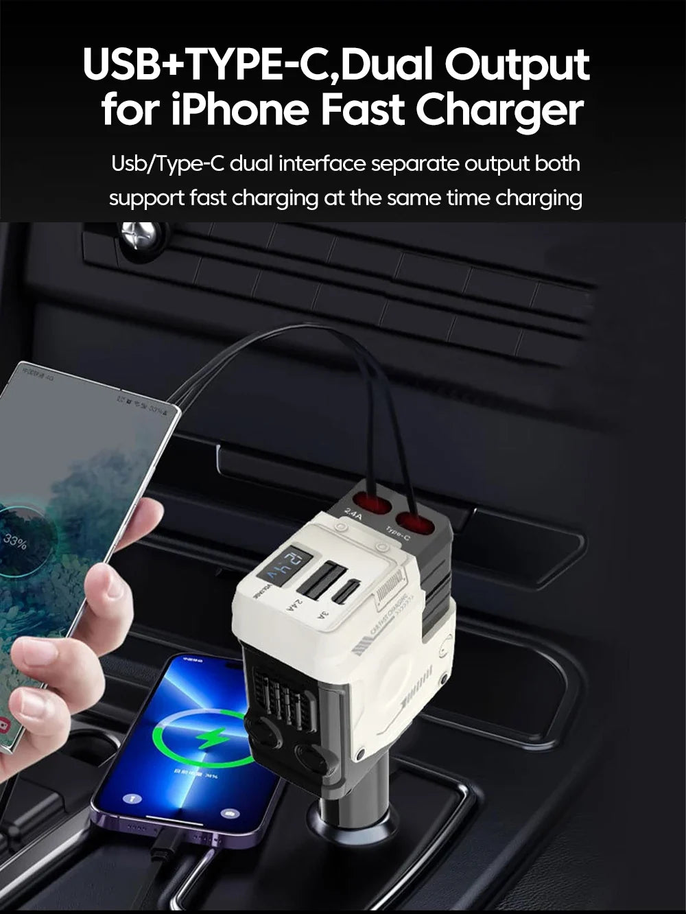 Retractable 4-in-1 Fast Car Charger with Digital Display