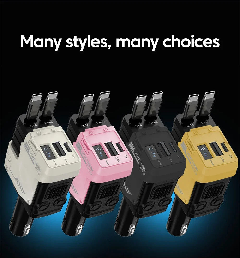 Retractable 4-in-1 Fast Car Charger with Digital Display