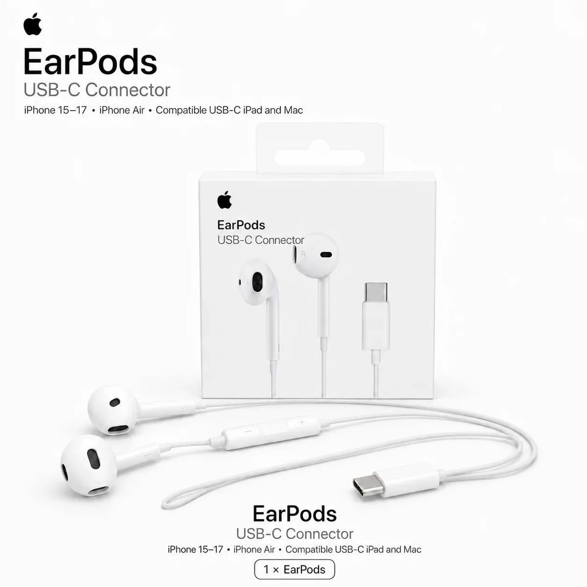 Official Apple EarPods Wired Headphones Lightning USB-C 3.5mm Connector with Mic Remote Adapters for iPhone iPad MacBook