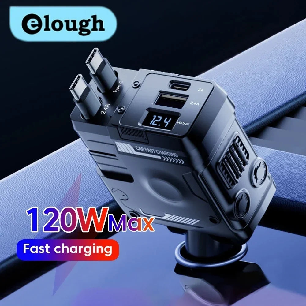 Retractable 4-in-1 Fast Car Charger with Digital Display