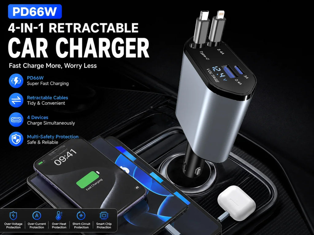 120W 4 in 1 Retractable Car Charger Built in USB C Lightning Compatible Cables 80cm Fast Charging LED Voltage Display 12V 24V