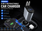120W 4 in 1 Retractable Car Charger Built in USB C Lightning Compatible Cables 80cm Fast Charging LED Voltage Display 12V 24V